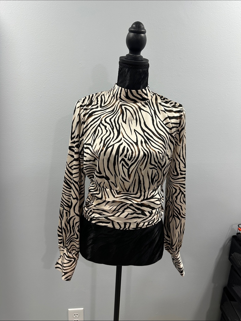 Rachel Zoe Black and Cream Zebra-Print High Neck Long Sleeve Top